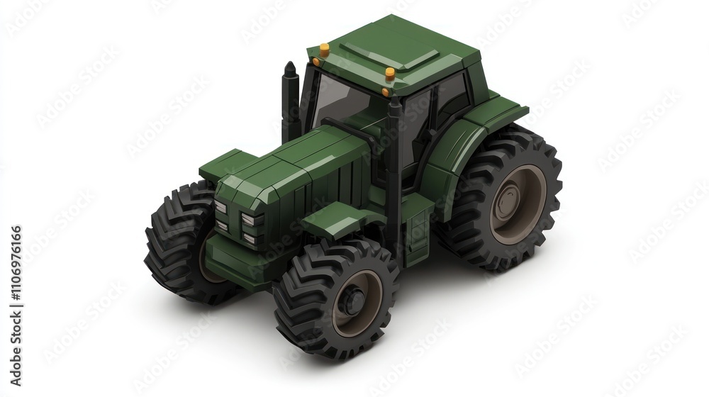 A stylized green tractor designed for agricultural purposes, featuring large tires and a robust structure. A stylized green tractor designed for agricultural purposes, featuring large tires and a robust structure.