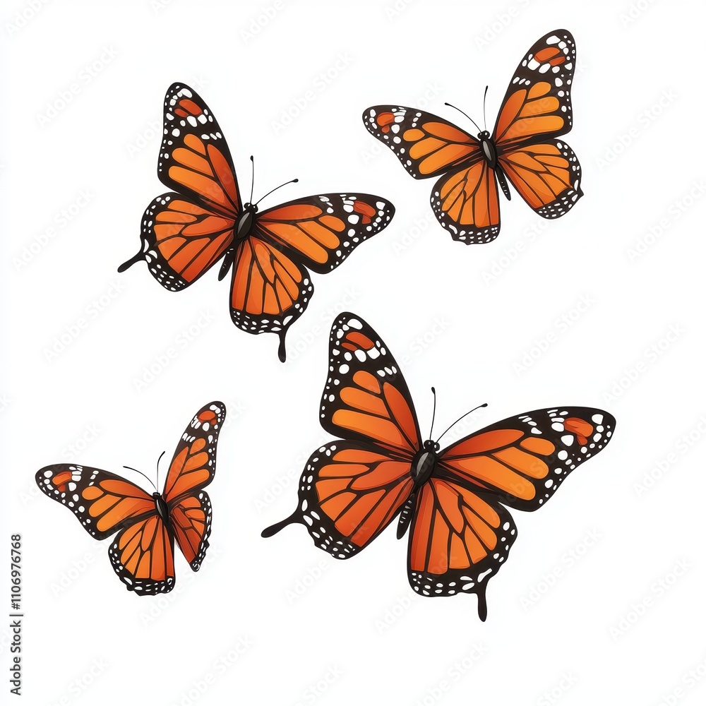 Fototapeta premium Vibrant Orange Butterflies with Black Patterns on White Background, Perfect for Nature and Wildlife Themes in Artistic and Educational Projects