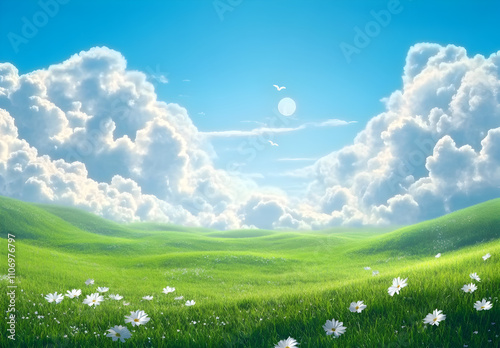 Beautiful green grass meadow landscape with a blue sky and white clouds.