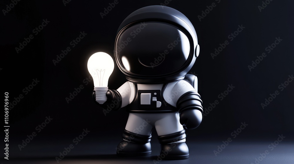A cartoonish astronaut holding a glowing light bulb against a dark background. A cartoonish astronaut holding a glowing light bulb against a dark background.