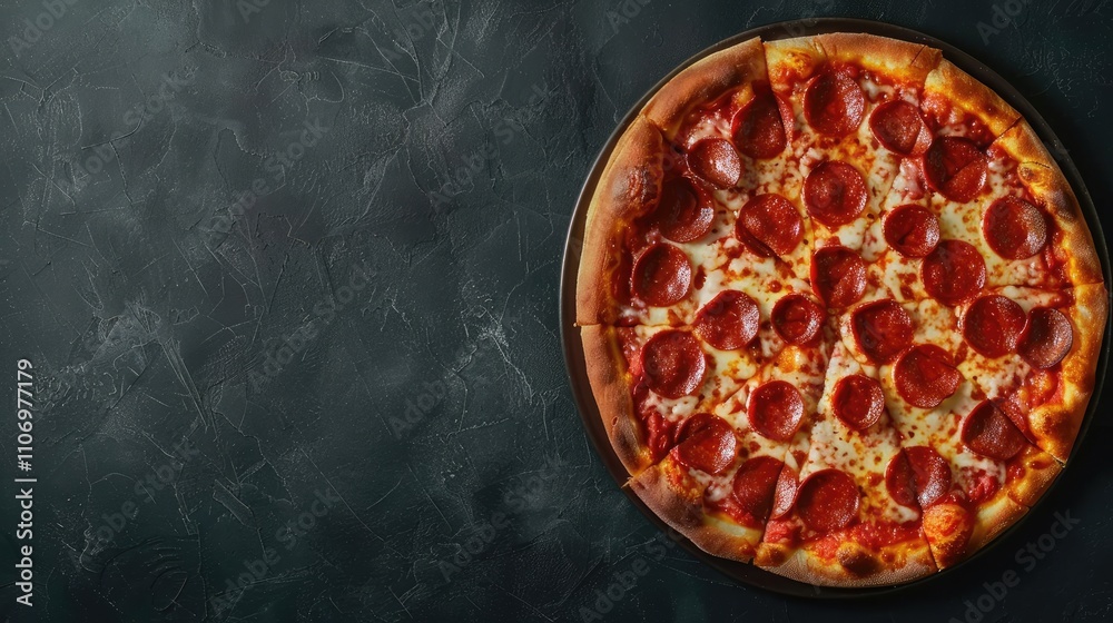 Hot pepperoni pizza on dark table in flat lay composition with text space. Hot pepperoni pizza on dark table in flat lay composition with text space.