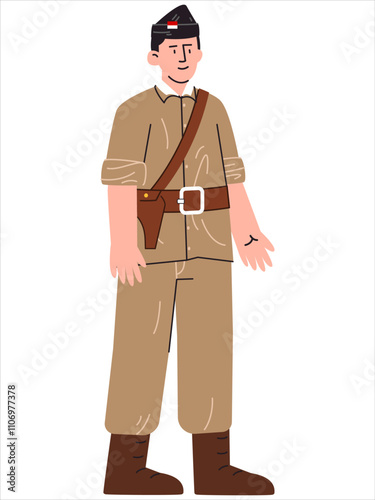 Indonesia warden officer service worker civil serve protector army tactical old uniform style khaki color design icon set colorful
