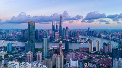 4K time lapse Aerial View of Shanghai skyline at sunset with the Winding Huangpu River