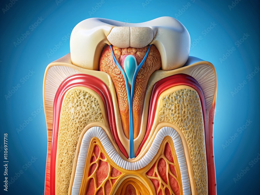 Intricate Details of the Internal Structure of a Tooth Showcasing Enamel, Dentin, Pulp, and Nerve Connections in a High-Resolution Close-Up for Educational and Medical Purposes Intricate Details of the Internal Structure of a Tooth Showcasing Enamel, Dentin, Pulp, and Nerve Connections in a High-Resolution Close-Up for Educational and Medical Purposes