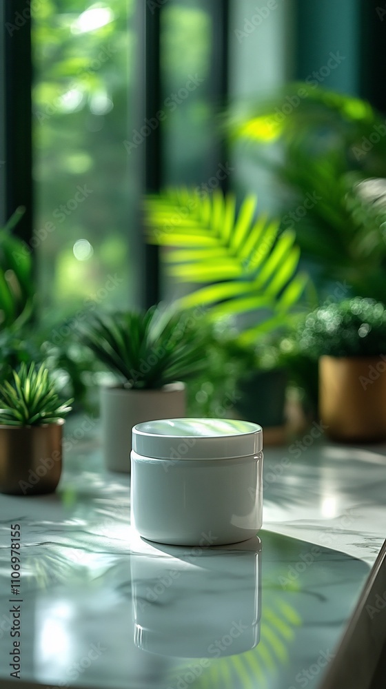 A sleek white jar sits on a marble table surrounded by vibrant green plants in a bright, serene setting. A sleek white jar sits on a marble table surrounded by vibrant green plants in a bright, serene setting.