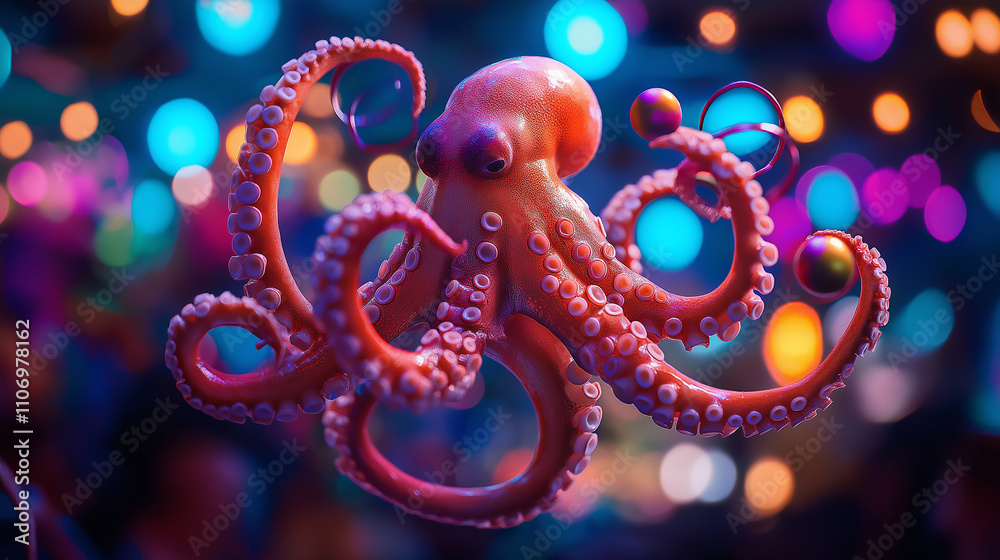 Octopus running a circus, juggling pins, balancing balls, and spinning hoops, colorful lighting, playful mood Octopus running a circus, juggling pins, balancing balls, and spinning hoops, colorful lighting, playful mood