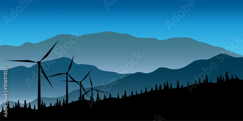 landscape vector design illustration, windmill power plant in mountainous area