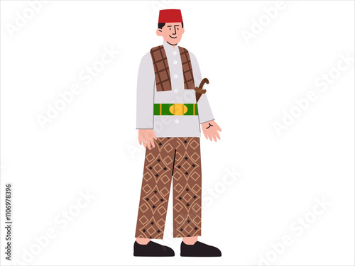 Betawi traditional clothes Tikim shirt Pangsi pants Silat costume dress Jakarta ethnic culture Indonesia tradition clothing Pitung hero golok weapon peci kopiah headdress design icon set