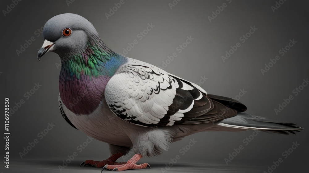 Fototapeta premium Detailed 3D render of a pigeon, showcasing its iridescent neck feathers and intricate plumage.