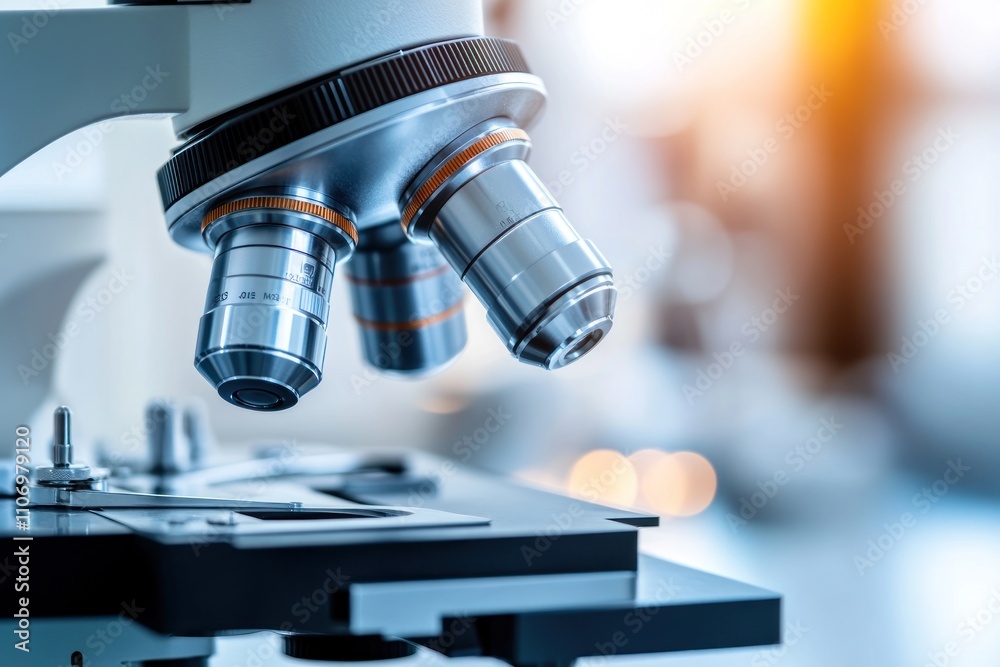 Close-up of a microscope, highlighting its lenses and stage for scientific examination.