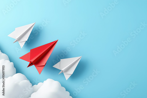 A minimalist concept of leadership and innovation featuring paper airplanes soaring in formation