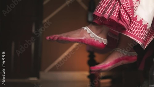 Bengali Bride Wearing Nupur And Alta on Feet in Morning before Haldi photo