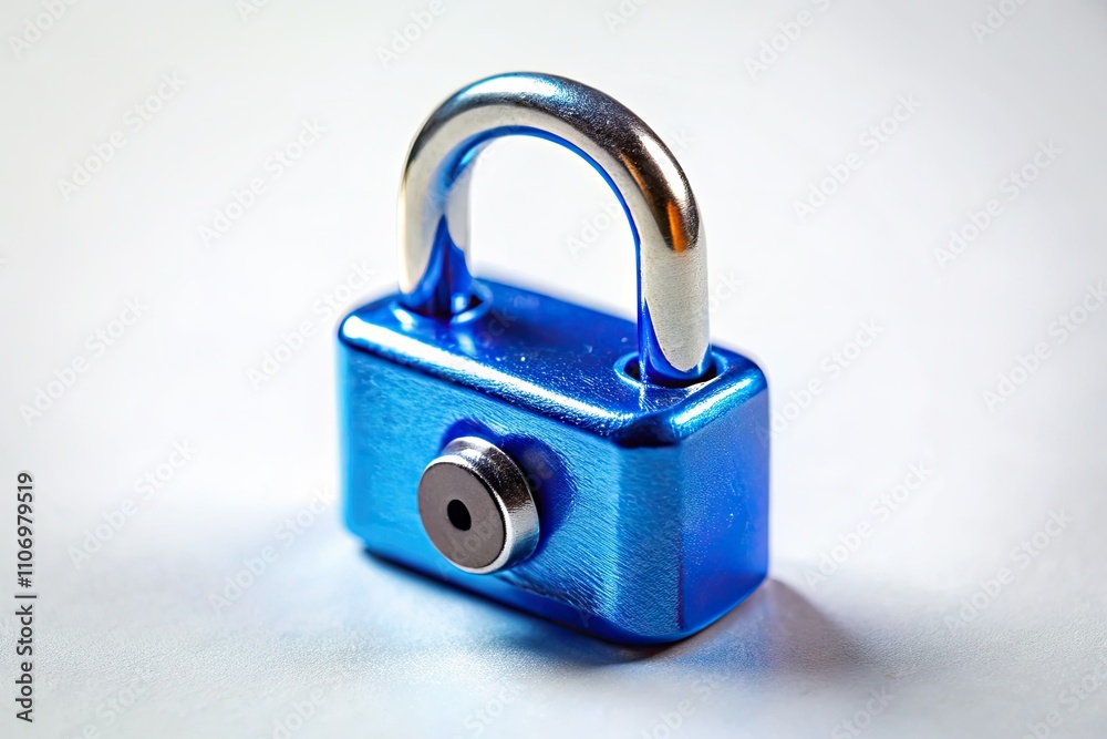 Tilt-Shift Blue Metallic Lock Security Image, Miniature White Background, High Resolution Stock Photo Tilt-Shift Blue Metallic Lock Security Image, Miniature White Background, High Resolution Stock Photo