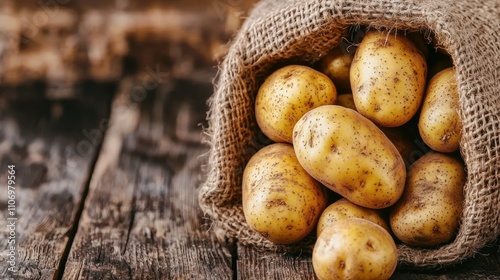 A Close-up of Potatoes in a Burlap Sack on a Wooden Surface