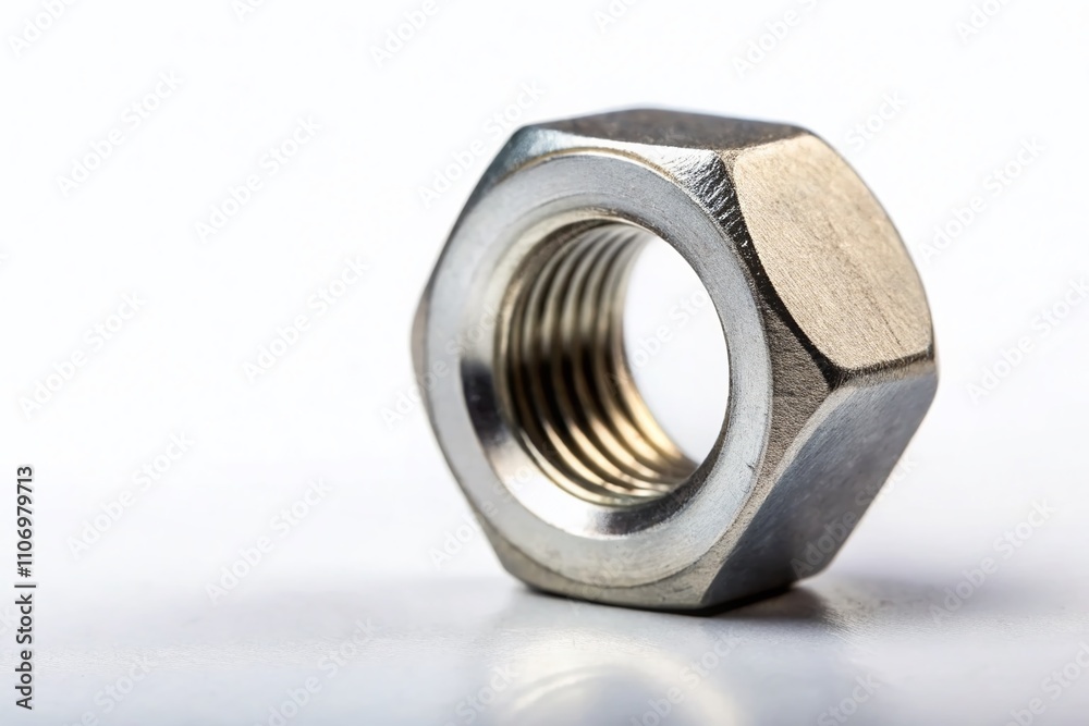 Isolated Metal Nut on White Background with Ample Copy Space for Industrial or Mechanical Themes and Related Applications, Perfect for Technical Illustrations and Designs Isolated Metal Nut on White Background with Ample Copy Space for Industrial or Mechanical Themes and Related Applications, Perfect for Technical Illustrations and Designs