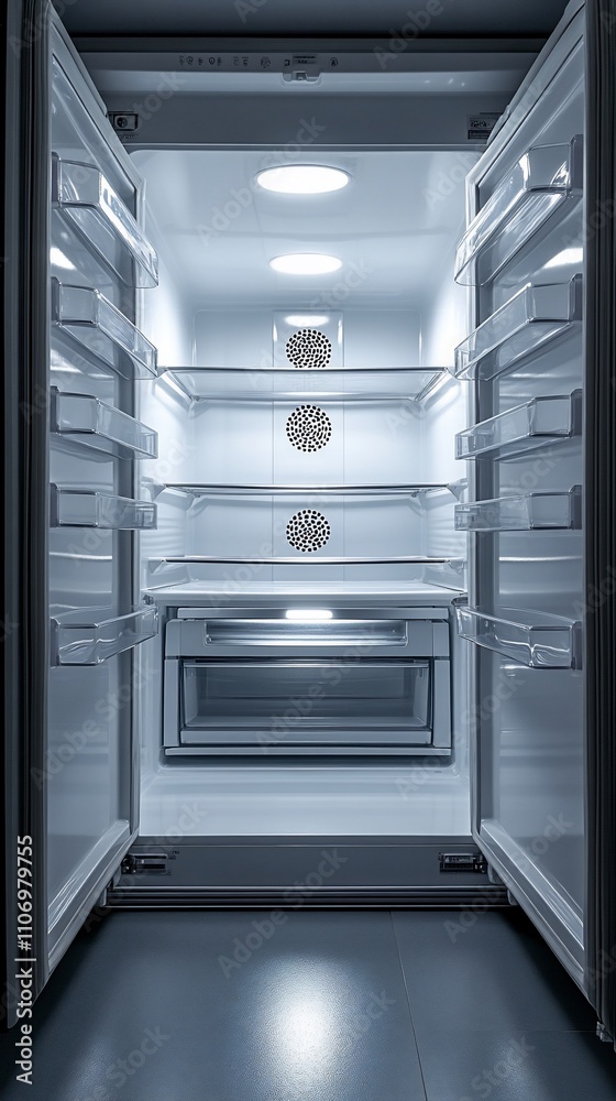 An empty refrigerator with shelves and drawers, designed for food storage and organization.