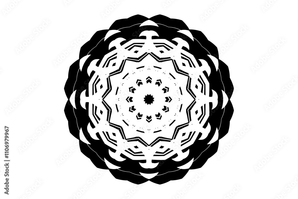 Black and White Mandala with Radiating Star and Flower Motifs
Black and White Mandala with Radiating Star and Flower Motifs