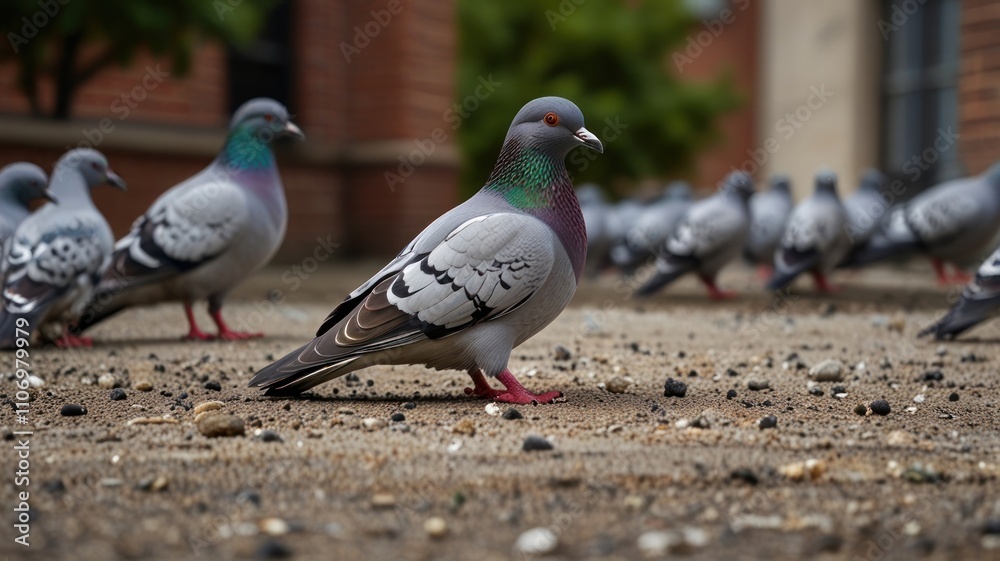 A single pigeon stands out from a flock on the ground. A single pigeon stands out from a flock on the ground.