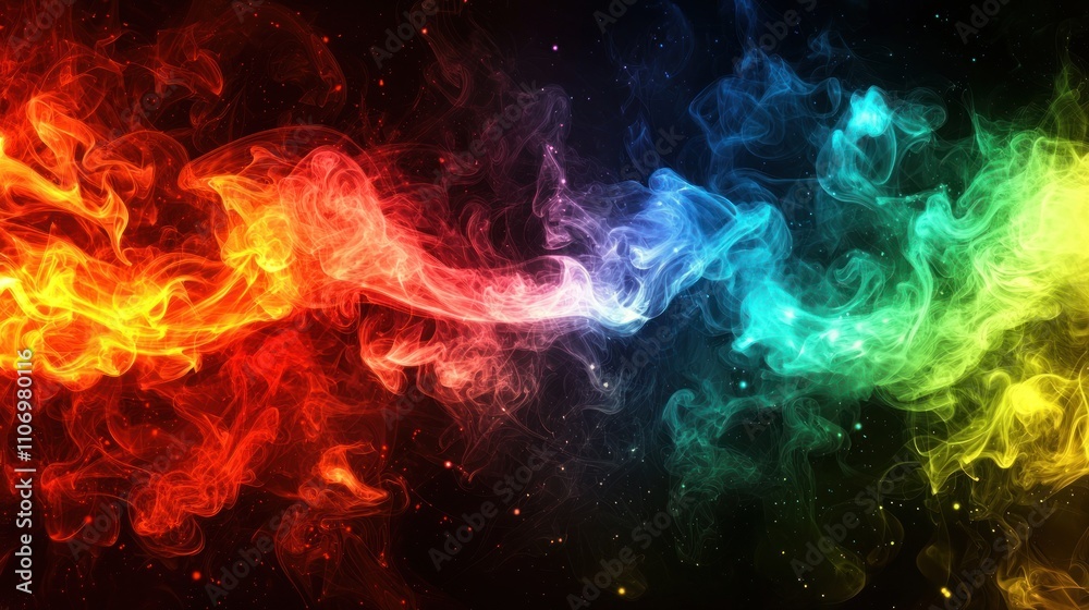 Abstract Swirling Smoke with Rainbow Hues Against a Starry Black Background Abstract Swirling Smoke with Rainbow Hues Against a Starry Black Background