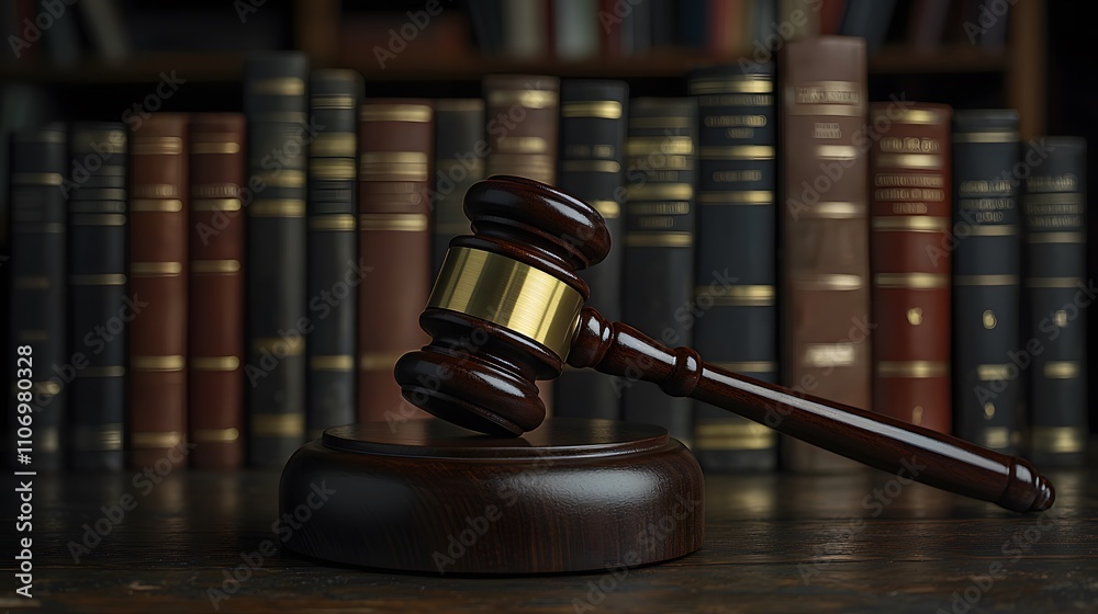 A Close-Up View of a Wooden Gavel Resting on a Sound Block Against a Backdrop of Historic Legal Books in a Library Environment A Close-Up View of a Wooden Gavel Resting on a Sound Block Against a Backdrop of Historic Legal Books in a Library Environment