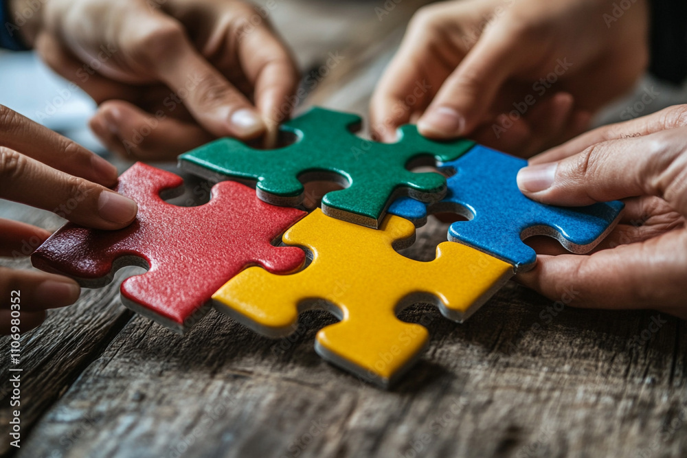 Concept of teamwork and partnership. Hands join puzzle pieces in the office. business people putting the jigsaws team together.Charity, volunteer. Unity, team business. Concept of teamwork and partnership. Hands join puzzle pieces in the office. business people putting the jigsaws team together.Charity, volunteer. Unity, team business.