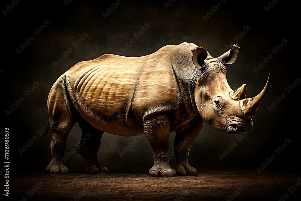 Majestic White Rhino Standing Proudly on Dark Ground Majestic White Rhino Standing Proudly on Dark Ground
