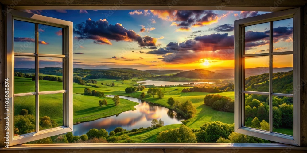 Serene Landscape View from a Window Overlooking Lush Green Hills and a Tranquil Lake at Sunset, Evoking Peace and Natural Beauty in a Dreamy Atmosphere Serene Landscape View from a Window Overlooking Lush Green Hills and a Tranquil Lake at Sunset, Evoking Peace and Natural Beauty in a Dreamy Atmosphere