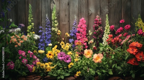 Colorful garden flowers arranged on rustic wooden surface in outdoor setting