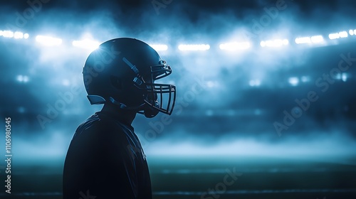 Dramatic Silhouette of a Football Player Wearing a Helmet Under Stadium Lights, Creating an Intense Atmosphere in a Foggy Sports Scene