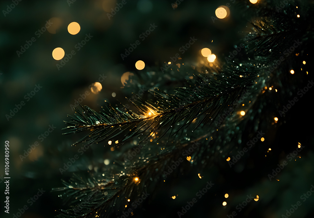 Naklejka premium Christmas tree, macro photography, bokeh, blurred background, dark green pine branches with small golden lights