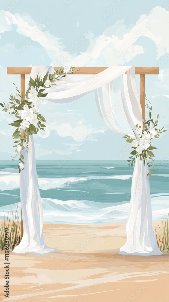 Beach wedding arch with white drapes and flowers by the sea Beach wedding arch with white drapes and flowers by the sea