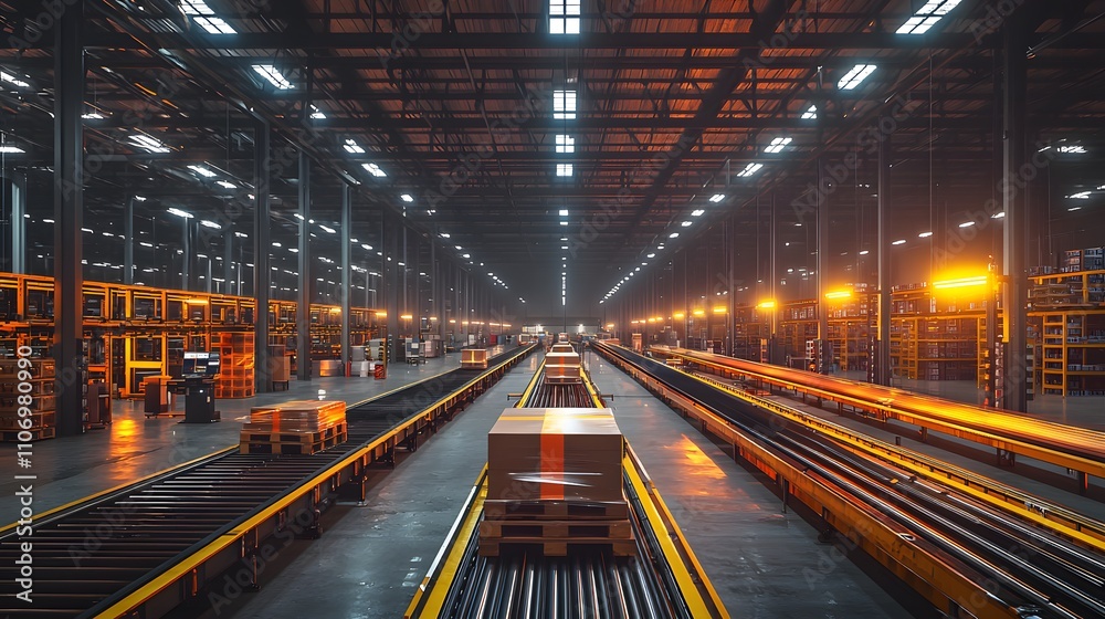 Obraz premium Large warehouse interior showcasing logistics efficiency with automated systems and organized pallets in a modern distribution center