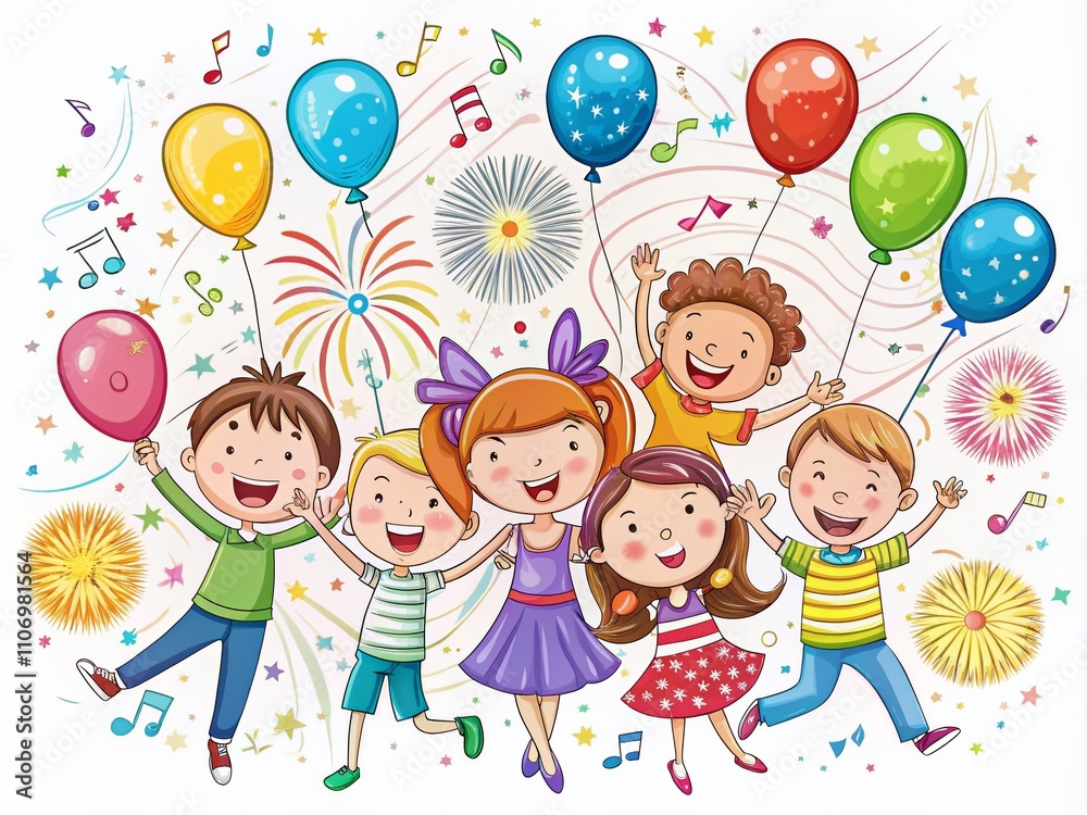 Joyful Children Celebrating with Colorful Balloons at a Festive Holiday Party Surrounded by Fireworks and a Vibrant Music Atmosphere Joyful Children Celebrating with Colorful Balloons at a Festive Holiday Party Surrounded by Fireworks and a Vibrant Music Atmosphere