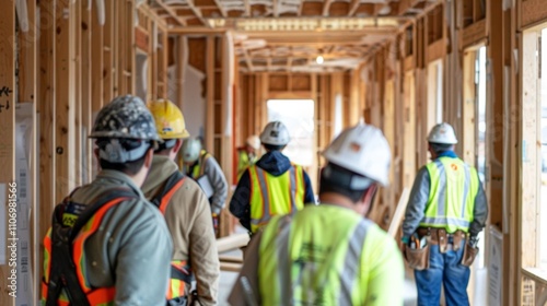 A group of builders clad in safety gear working with low VOC volatile organic compound materials to promote healthier indoor air quality. photo