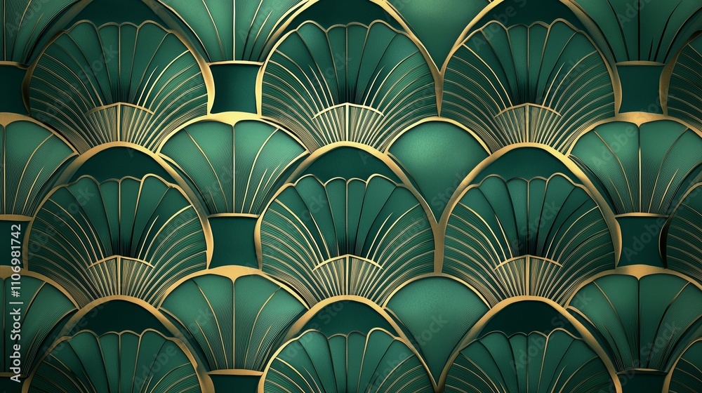 A glamorous, Art Deco-inspired design featuring overlapping fan shapes in shades of emerald green and gold. A glamorous, Art Deco-inspired design featuring overlapping fan shapes in shades of emerald green and gold.