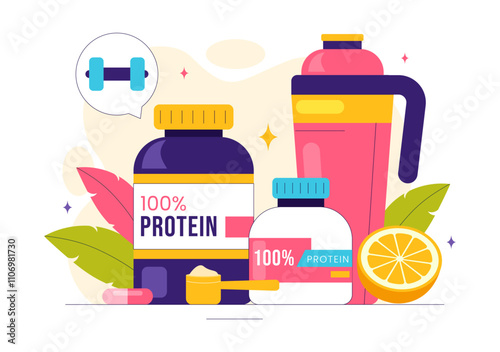 Protein Supplements Vector Illustration featuring Healthy Food, Protein Powders, and Fitness Workouts to Support Nutrition and the Body Vitamin