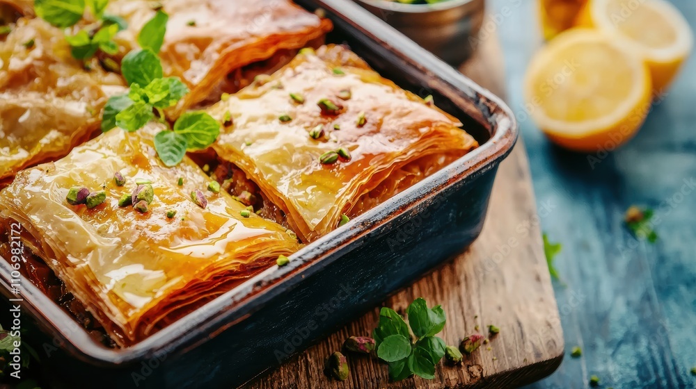 Deliciously baked baklava dessert home kitchen culinary photography natural lighting tempting treats Deliciously baked baklava dessert home kitchen culinary photography natural lighting tempting treats