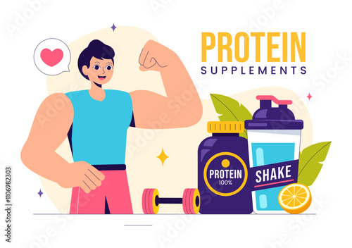 Protein Supplements Vector Illustration featuring Healthy Food, Protein Powders, and Fitness Workouts to Support Nutrition and the Body Vitamin
