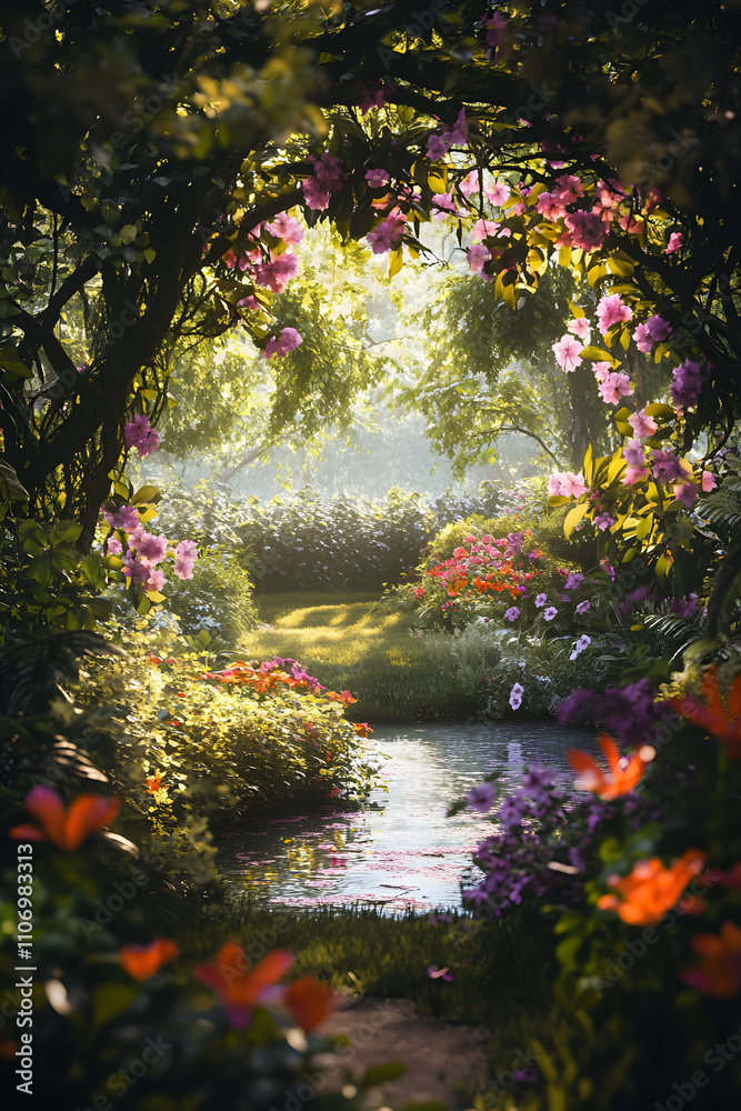 Enchanted garden with vibrant flowers, lush greenery, and a serene pond under dappled sunlight, evoking tranquility, beauty, and a magical escape into nature Enchanted garden with vibrant flowers, lush greenery, and a serene pond under dappled sunlight, evoking tranquility, beauty, and a magical escape into nature