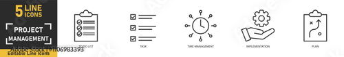 Project Management line icon set. Set of 5 outline icons related to task, to do list, time management, implementation, plan and more. Vector illustration.