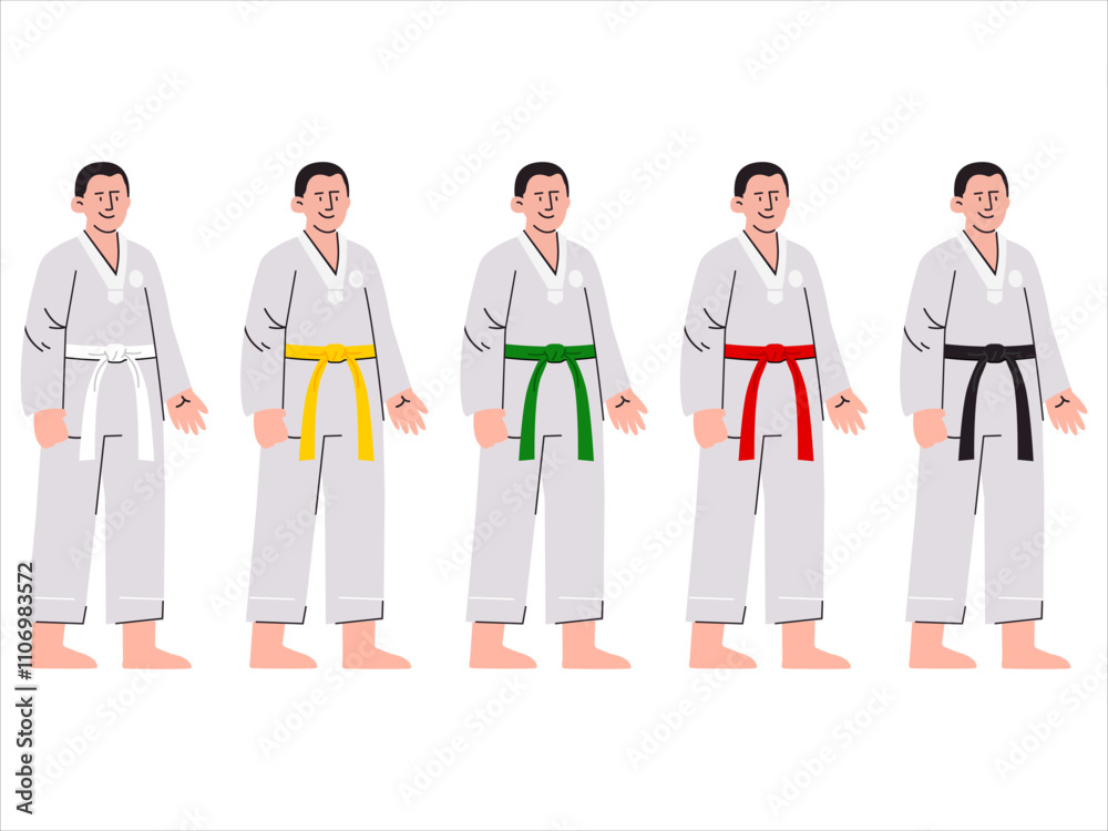 Karate Taekwondo Jiu-jitsu Aikido Judo martial arts suit uniform self-defense athlete waistband belt clothing Keikogi Dobok clothes sport wear colorful design icon set collection Karate Taekwondo Jiu-jitsu Aikido Judo martial arts suit uniform self-defense athlete waistband belt clothing Keikogi Dobok clothes sport wear colorful design icon set collection