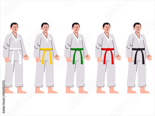 Karate Taekwondo Jiu-jitsu Aikido Judo martial arts suit uniform self-defense athlete waistband belt clothing Keikogi Dobok clothes sport wear colorful design icon set collection