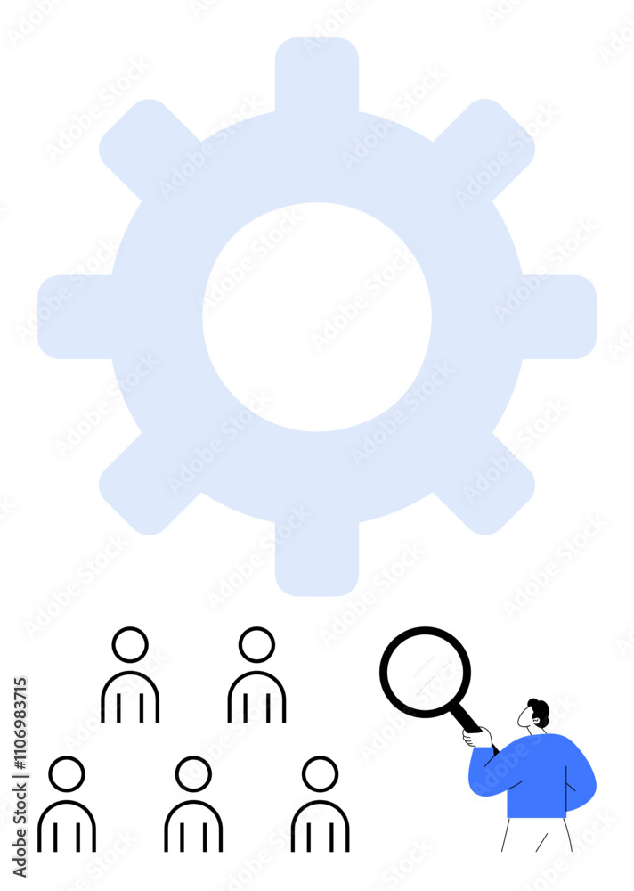 Large gear, five abstract individuals, person in blue holding magnifying glass. Ideal for recruitment, workforce analysis, HR management, teamwork, evaluation processes, optimization Large gear, five abstract individuals, person in blue holding magnifying glass. Ideal for recruitment, workforce analysis, HR management, teamwork, evaluation processes, optimization
