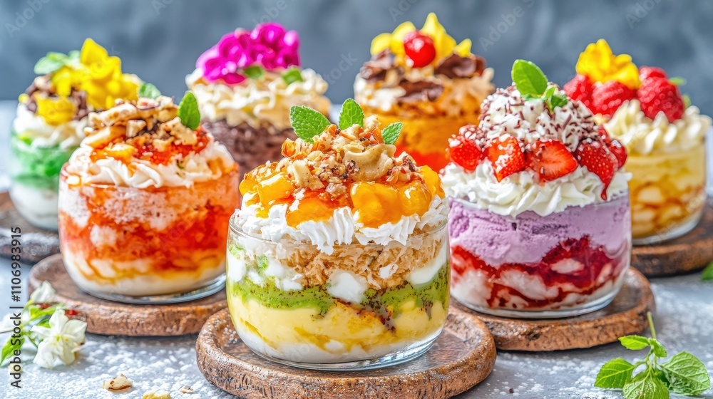 Bright atmosphere captivating close-up of colorful parfaits in kitchen food photography Bright atmosphere captivating close-up of colorful parfaits in kitchen food photography