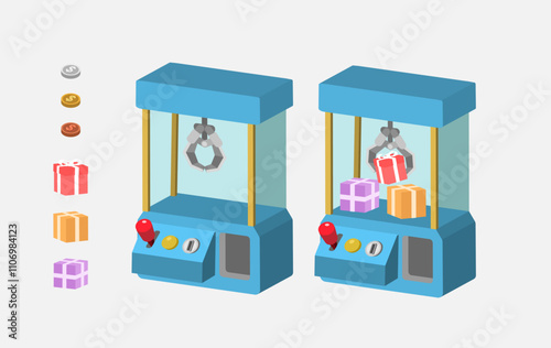 Claw crane grabber machines flat icons set. Machine for catch toys. Entertainment services.