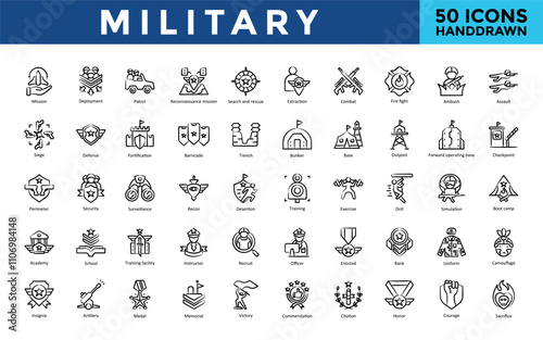 Military icon set with mission, deployment, patrol, reconnaissance mission, search and rescue, extraction, combat, fire fight, ambush, assault icon. Simple handdrawn vector 
