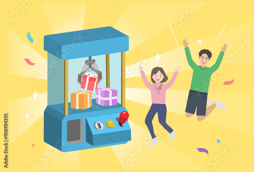 Lucky people winning prize draw near Claw machine. Lottery, prize, luck, marketing concept.
