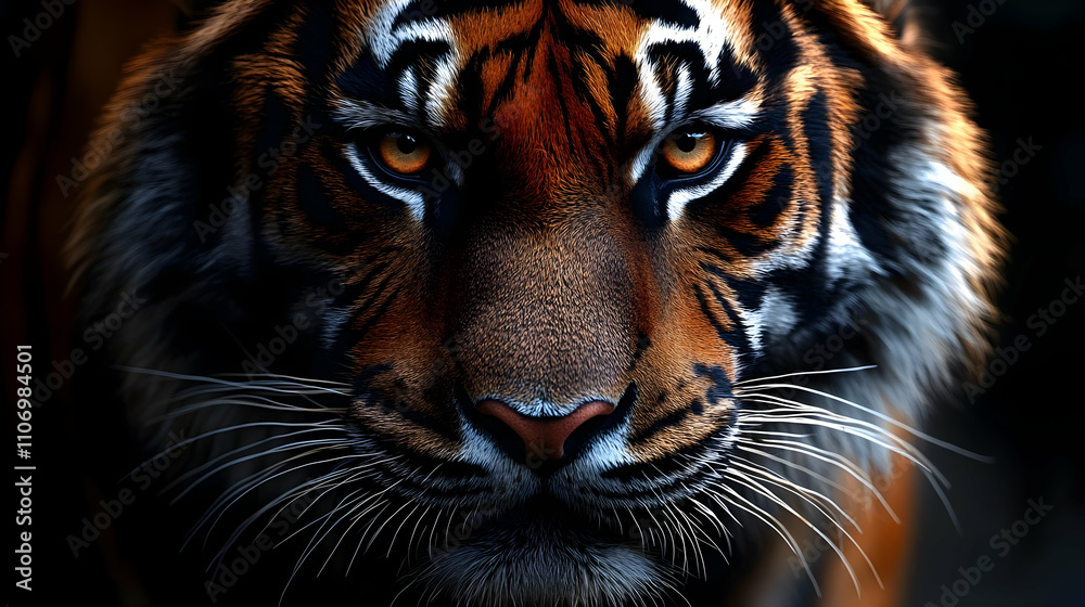 Fototapeta premium Tiger's Intense Gaze: Majestic Wildlife Close-Up