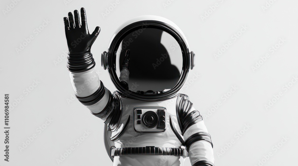 A stylized astronaut figure waving, showcasing space exploration themes. A stylized astronaut figure waving, showcasing space exploration themes.