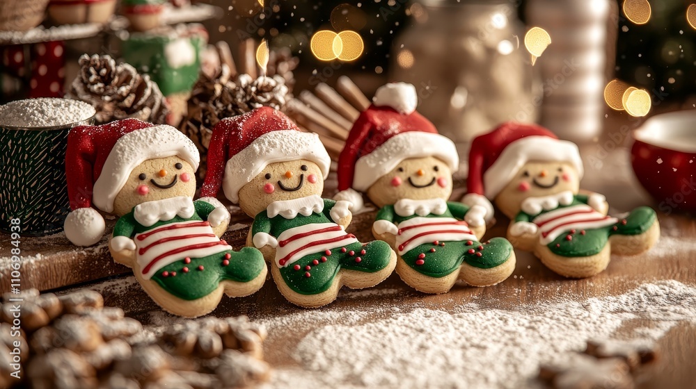 A variety of elf cookies with colorful icing, smiling faces, striped stockings, and hats, arranged in a holiday kitchen, flour dusted around A variety of elf cookies with colorful icing, smiling faces, striped stockings, and hats, arranged in a holiday kitchen, flour dusted around
